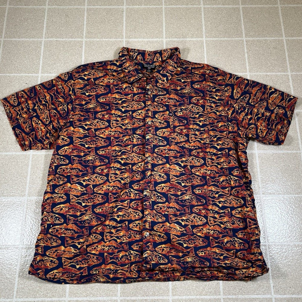 Polo Jeans Co. Ralph Lauren Sz 2XL Batik Fish Hawaiian Camp Shirt Navy Orange